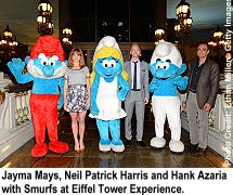 Jayma Mays, Neil Patrick Harris and Hank Azaria pose with Smurfs at Eiffel Tower Experience, Las Vegas