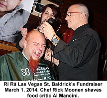 Ri Ra, Las Vegas, St. Baldrick fundraiser, 2014. Chef Rick Moonen shaves food critc Al Mancini